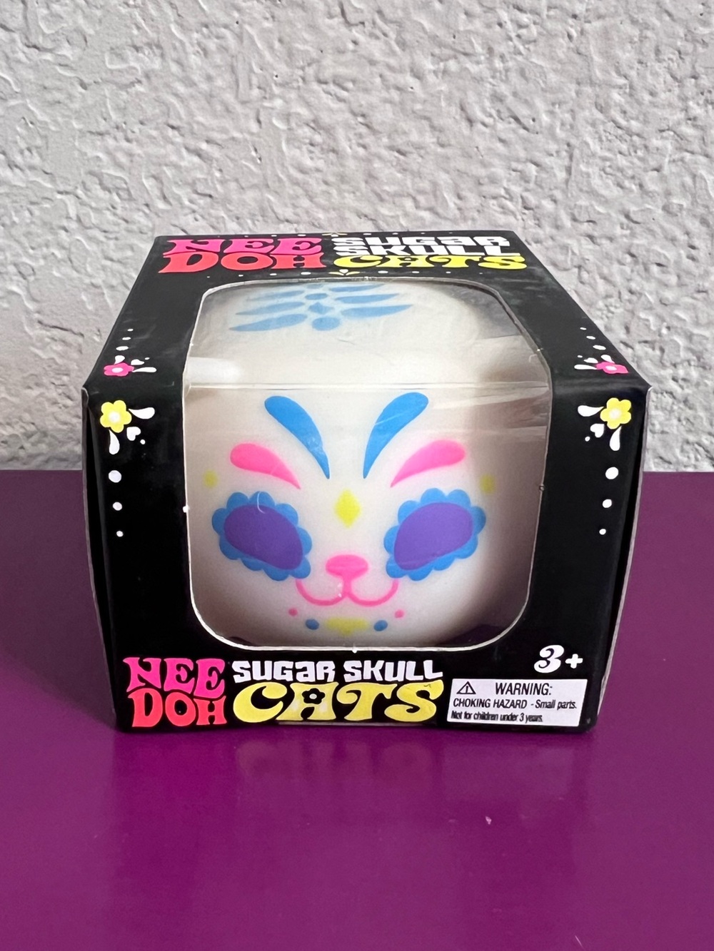 Authentic Rare NeeDoh Sugar Skull Cats  - White with Pink & Blue Accents 🩵🐱🩵